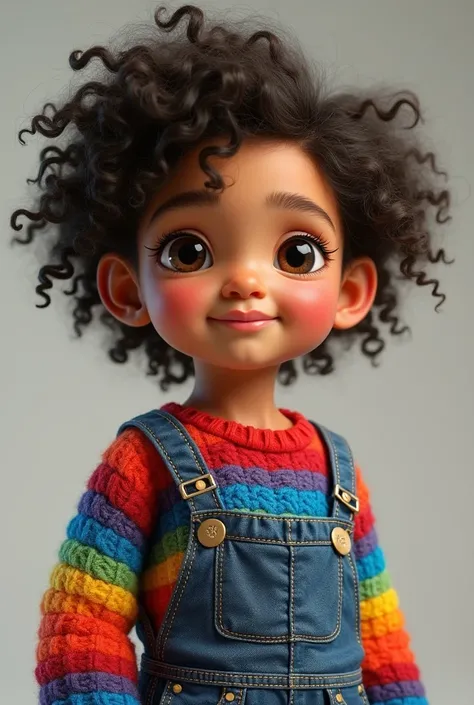 (photorealism:1.2),a child with PANTONE 80-6 C skin, curly hair with less hair on the sides than on top, with a long face and small, round, dark brown eyes with medium-sized teeth in front and slightly set apart, with a red, blue and green striped sweater ...