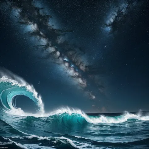 I made an illustration of a big wave making a big pipeline, and the sky was shining with stars.、A picture drawn from an angle looking into the pipeline. On the other side of the pipeline, a crescent moon is shining, illuminating the sea.。The water sparkles...