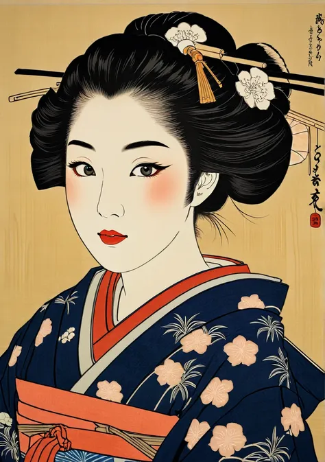 (ukiyo-e:1.9)、woodblock print、sharaku、cute japanese town girl、14 talents、intricate kimono patterns、delicate facial features、a ha...