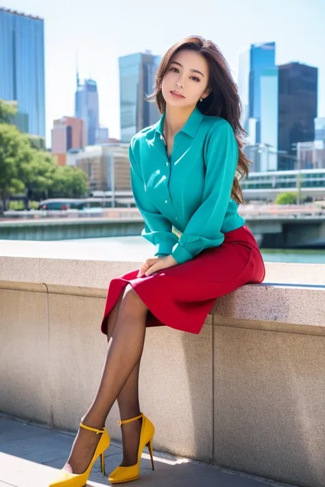 Colorful collared shirts、(Midi Skirt:1.2) 、Full Body Portrait、silk pantyhose、Sitting、Both legs and high heels look beautiful.、1 girl、Perfect body,Two well-balanced legs、 Perfect hands, Perfect Face, Perfect Eyes, Accurate,(Perfect Anatomy, Anatomically cor...