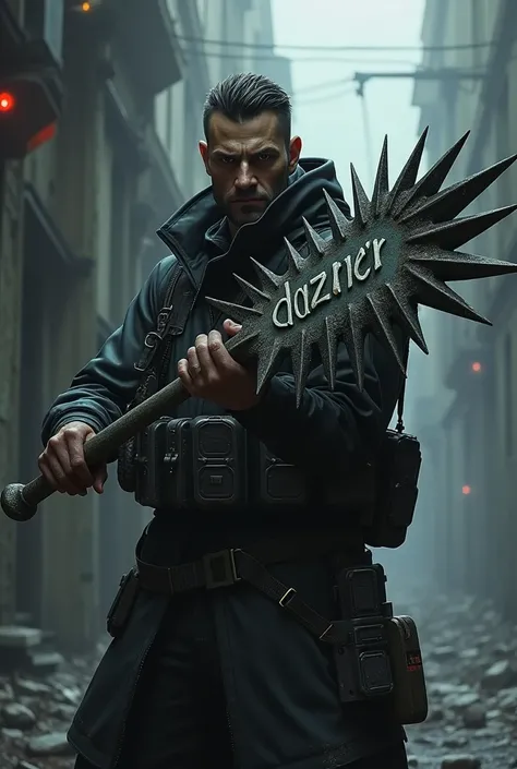 Vampire hunter gamer wallpaper holding a spiked sign with the word DAZKER