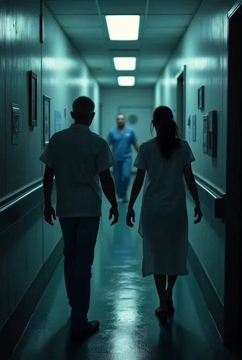 A dimly lit hospital hallway at night, with an air of tension and secrecy. At one end, two distraught parents, a mother and father, are visibly distressed, their faces etched with grief and desperation as they reach out towards the closed doors of a morgue...