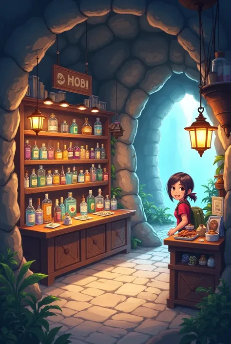 Create an image of a vibrant dungeon shop with a cute, anime-style seller behind the counter. The shop, located in a rugged, stone-carved cavern, is well-organized and filled with a diverse range of items. Display wooden shelves and tables stocked with pot...