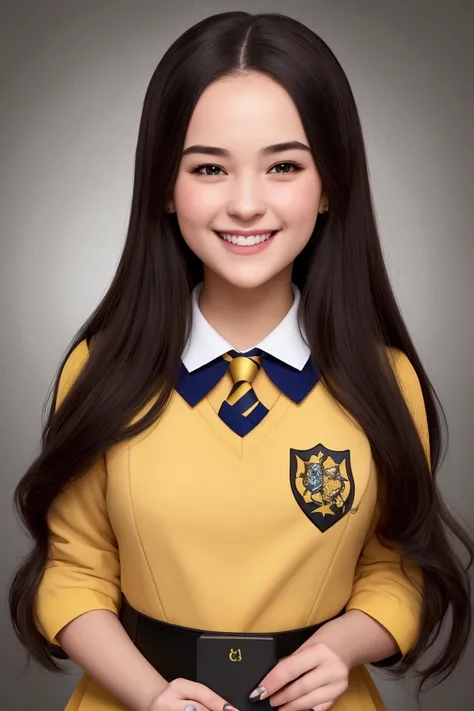 make me a girl in a hufflepuff uniform smiling for ID picture