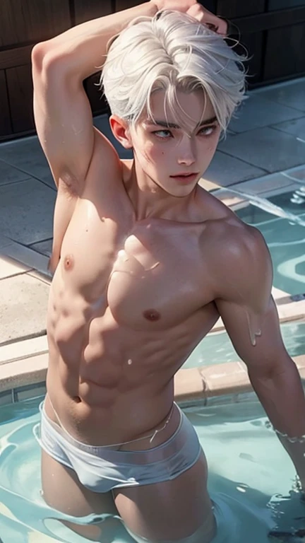 A young boy with white hair，fair skin，handsome，The triangle briefs are wet, so I took half of them off.，裸上半身Soaked in milk，Showing six-pack abs and chest muscles with water droplets on them，Soaked in milk，纖細長腿Soaked in milk，The bottom highlight is very lar...