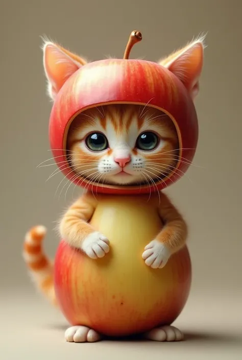 A highly realistic anthropomorphic kitten standing and facing forward. The kitten has an extremely cute face, with a round apple body that includes its face, hands, and feet. The kitten is wearing an adorable apple-shaped helmet. The overall appearance is ...