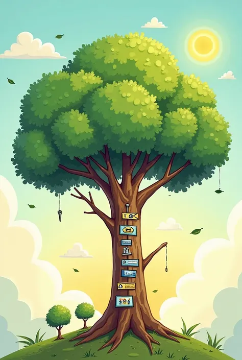 Imagery: Picture a large, robust tree with different branches representing various life stages. The base shows a small seedling, gradually growing into a young sapling, then a mature tree with a full canopy. Along the trunk, there are subtle symbols or ico...