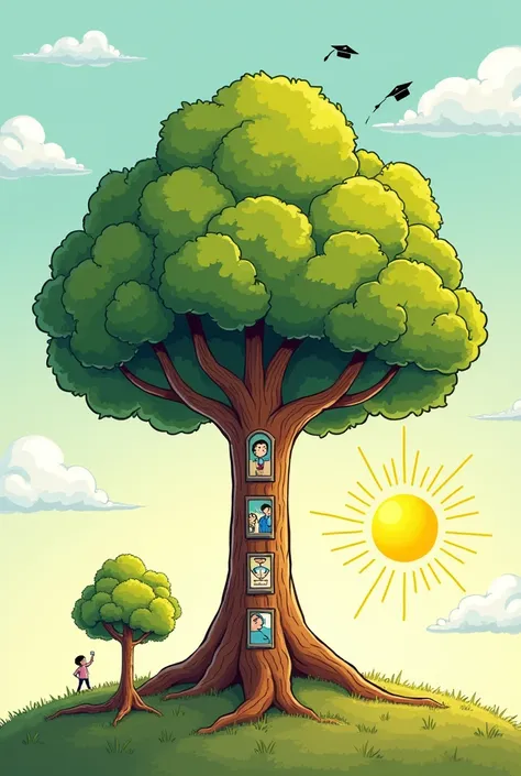 Imagery: Picture a large, robust tree with different branches representing various life stages. The base shows a small seedling, gradually growing into a young sapling, then a mature tree with a full canopy. Along the trunk, there are subtle symbols or ico...