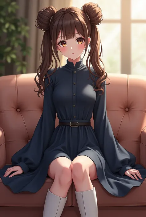 tall girl, white skin, brown hair with dual ponytails, black eyes, dark blue tent dress, dark blue bell sleeves, white boots, sitting on a couch, fanart