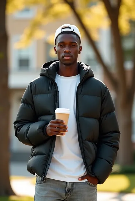 best qualityer:1.4), (ultra high resolution:1.2), (photorrealistic:1.4), (8k, CRU photo:1.2), a thin young man of 20 years old, skin black, with a smooth, beardless face, corte de cabelo buzzcut. He is wearing a white shirt and a black puffer jacket.. He&#...