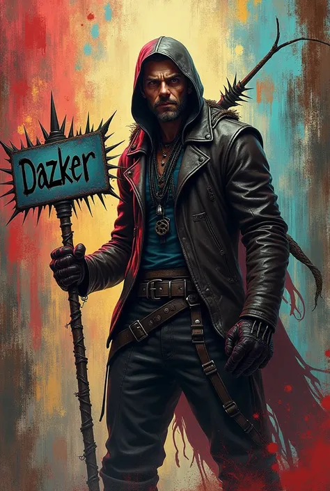 Graffiti style wallpaper,  Van Helsing hunter holding a spiked sign with the word DAZKER