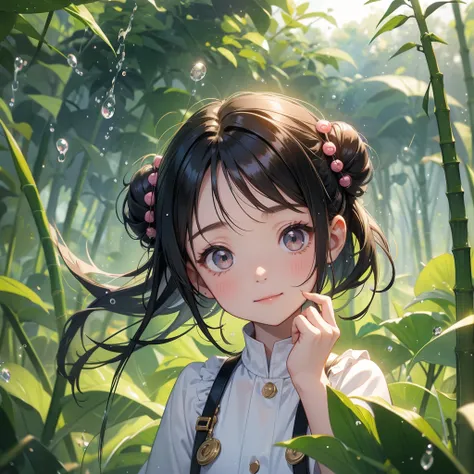 A chibi child girl had a small face and wearing a little tourist priest’s outfit, a pair of big round eyes shone with curiosity about him. This child was so cute, her hair is black with buns on her hair. Small chibi , chibi baby, smiling , chibi. 

The bac...