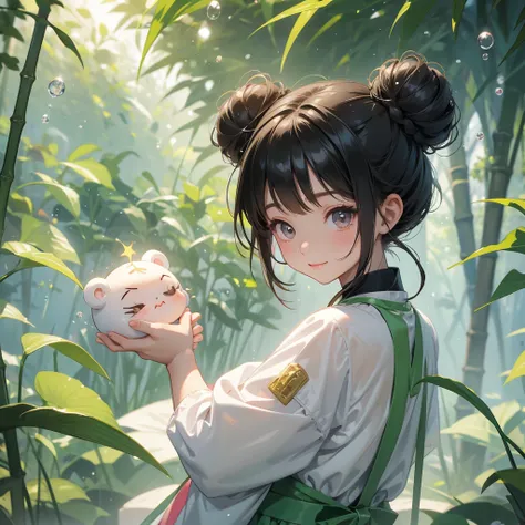 A chibi child girl had a small face and wearing a little tourist priest’s outfit, a pair of big round eyes shone with curiosity about him. This child was so cute, her hair is black with buns on her hair. Small chibi , chibi baby, smiling , chibi. 

The bac...