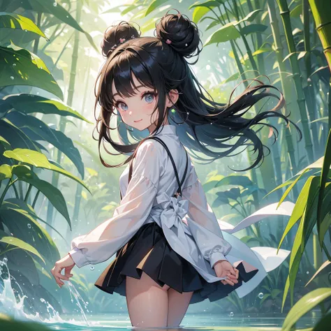 A chibi child girl had a small face and wearing a little tourist priest’s outfit, a pair of big round eyes shone with curiosity about him. This child was so cute, her hair is black with buns on her hair. Small chibi , chibi baby, smiling , chibi. 

The bac...