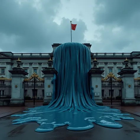 A photorealistic image depicts Buckingham Palace partially engulfed by a dark blue, gelatinous blob. The substance is thick and smooth, with a deep navy color that almost blends with the dim, overcast sky. This mysterious mass has an eerie, glossy surface ...