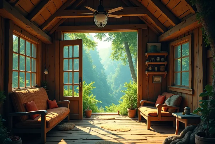 Inside a wooden house in the forest