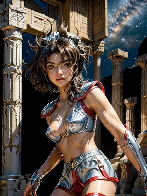 masterpiece, best quality, ultra high res, realistic skin texture,silver armor, armature, (photorealistic:1.4), high resolution, raw photo, 1 girl, shiny skin, (detail skin:1.2), realistic skin texture, best lighting, wearing red panty, (perfect breast:1.3...