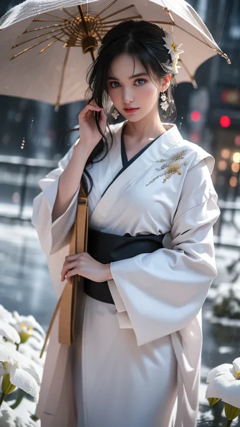 (RAW Shooting, Photorealism:1.5, 8K, best quality, masterpiece, Ultra-high resolution), ((((Blizzard, snowstorm)))), Highly detailed skin and facial texture:1.3, Perfect dynamic composition:1.2, (In front of the shrine at night in the modern city, Sad expr...