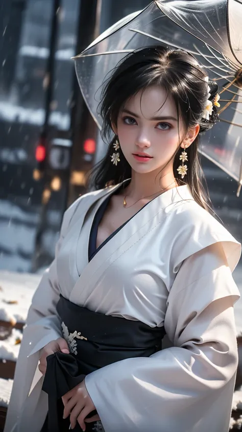 (RAW Shooting, Photorealism:1.5, 8K, best quality, masterpiece, Ultra-high resolution), ((((Blizzard, snowstorm)))), Highly detailed skin and facial texture:1.3, Perfect dynamic composition:1.2, (In front of the shrine at night in the modern city, Sad expr...