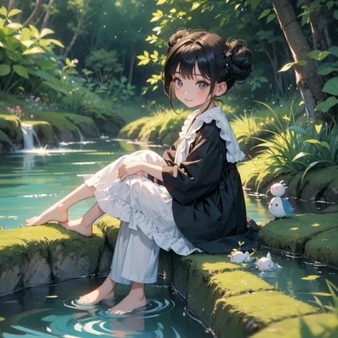 A chibi child girl had a small face and wearing a little tourist priest’s outfit, a pair of big round eyes shone with curiosity about him. This child was so cute, her hair is black with buns on her hair. Small chibi , chibi baby, smiling , chibi. 

Sitting...