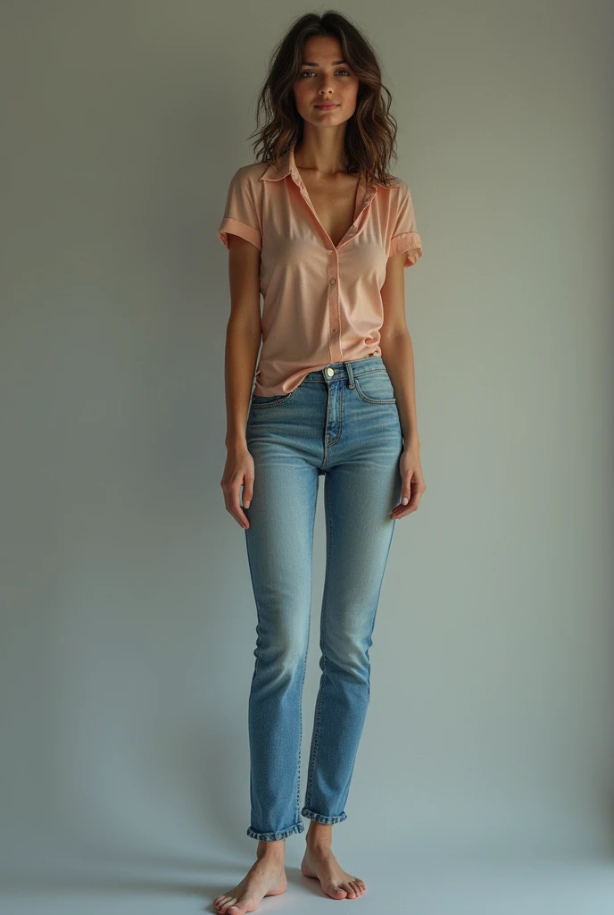 A full body picture of a spanish girl with wavy short hair, slim woman. Slender woman. natural skin texture. Wearing a blouse and low waist tight jeans., 4K textures, HDR, intricate, highly detailed, sharp focus, hyper-detailed