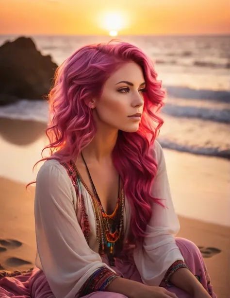 A strikingly beautiful Caucasian woman in her mid-twenties, with cascading waves of vibrant pink hair, wears a bohemian-style outfit while seated on a beach, gazing at the sunset with a sense of contemplation. The image, likely a photograph, captures her e...