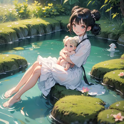 A chibi child girl had a small face and wearing a little tourist priest’s outfit, a pair of big round eyes shone with curiosity about him. This child was so cute, her hair is black with buns on her hair. Small chibi , chibi baby, smiling , chibi. 

Sitting...