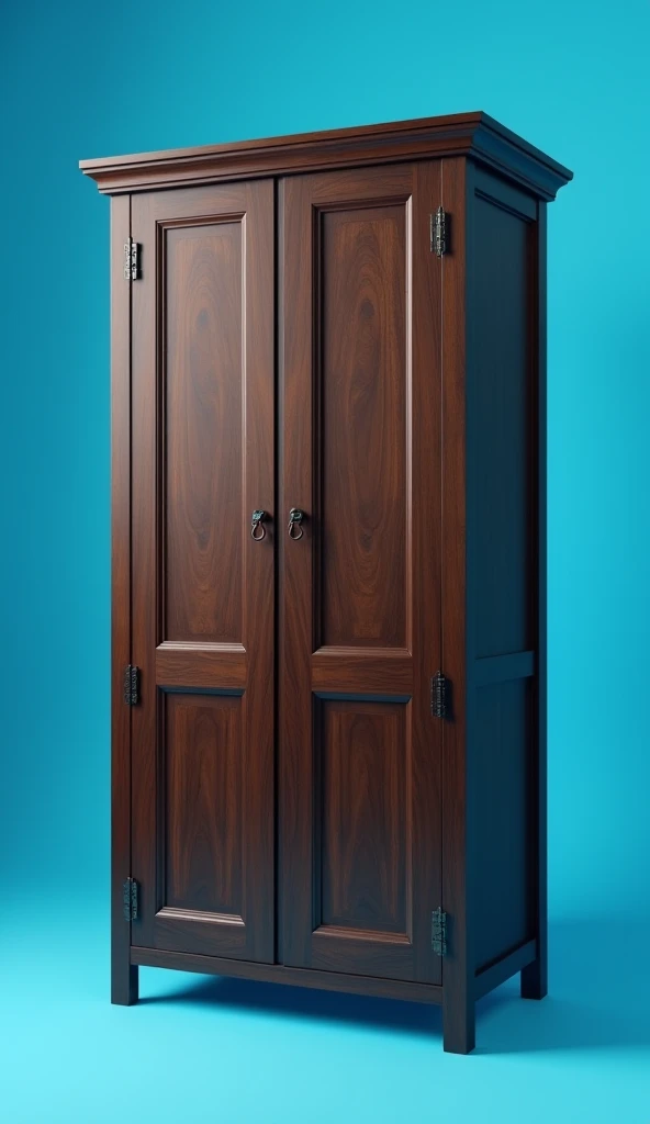 create a realistic image, still life of a cupboard, dark brown color, blue background, side view "wide, full body, 8k super realistic