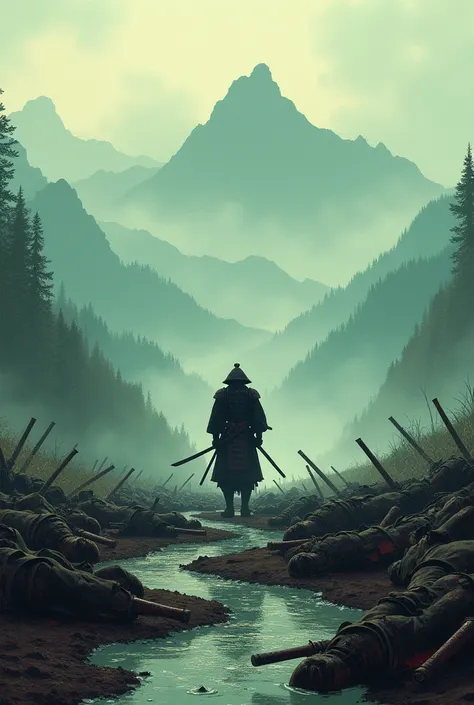 Smokey mountains in the background and 10s of dead samurai on the ground and 1 samurai who killed them all standing
Add river to this picture. 
add colours to the picture 