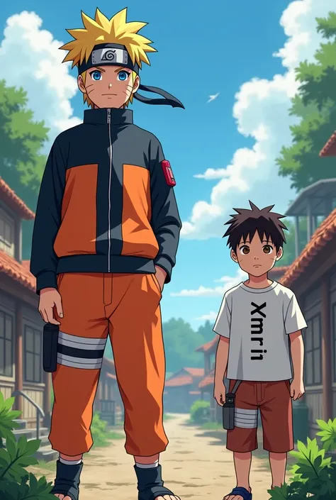 Naruto and a boy who wear a t shirt and t shirt name is Amrit and full t shirt name is showing
