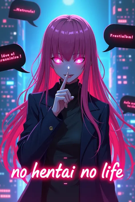 “Generate an anime-style cyberpunk character with long pink hair and glowing, menacing eyes. The character should be shown with one hand near their mouth, looking sinister. Surround the character with speech bubbles containing blue text that reads ¿Qué esp...