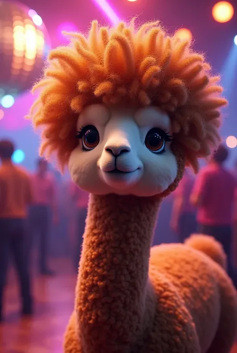 Alpaca with afro hair, like Saturday Night Fever