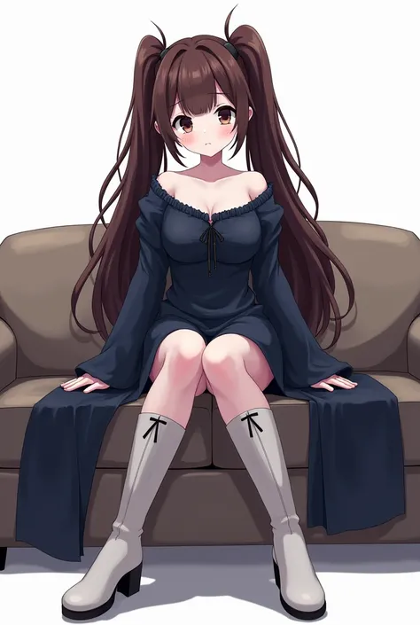 tall girl, white skin, brown hair with dual ponytails, thick body, black eyes, dark blue tent dress, dark blue bell sleeves, white boots, sitting on a couch, white background, fanart