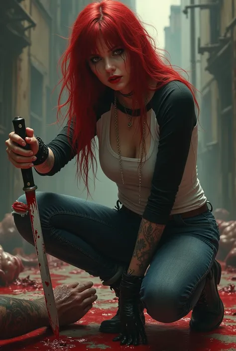 Seductive and Beautiful young woman with a soul of pure evil and hatred. Alluring long red haired serial killer wearing a punk rock raglan top, skinny jeans, and combat boots. Surrounded by blood and bodies.  She attacks a man viciously, A bloody knife in ...