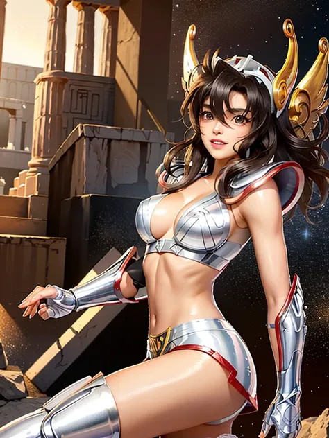 masterpiece, best quality, ultra high res, realistic skin texture,silver armor, armature, (photorealistic:1.4), high resolution, raw photo, 1 girl, shiny skin, (detail skin:1.2), realistic skin texture, best lighting, wearing red panty, (perfect breast:1.3...