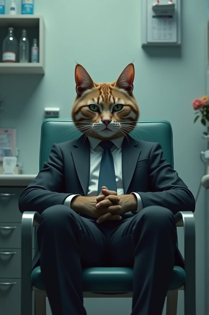 The white cats  father  cat in suit is sitting in a chair in a hospital room in sad mood.