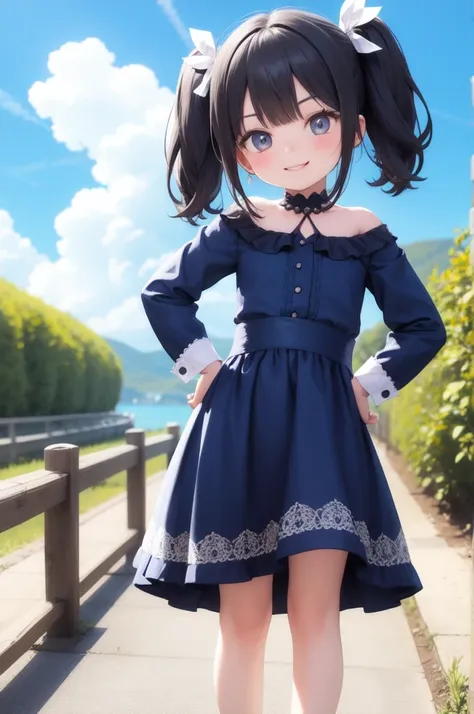 masterpiece, best quality, 1girl, looking at viewer, evil smile, blue sky, twintails, cute dress, hand on hip