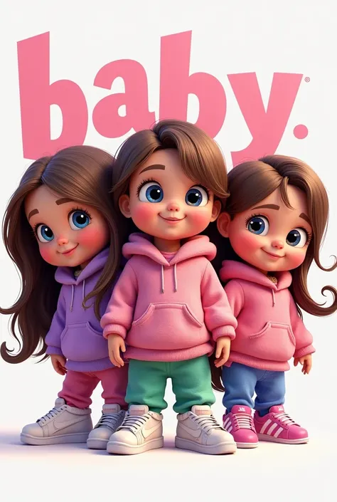 Funny logo of Pixar babies playing dressed in pink sweaters, long brown hair blue eyes, greens, Pink and purple pants and white Nike sneakers with pink and purple Adidas sneakers in the background with large lettering with baby aless text