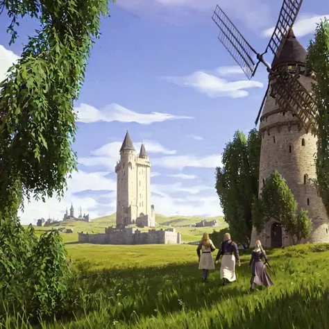 DVD screengrab, from 1967 film, photorealistic arafed image of a shrek and a fiona walking in a field with a windmill, minas tirith in the background, optimistic matte painting, matte painting arcane dota pixar, illustration matte painting, michael whelan ...