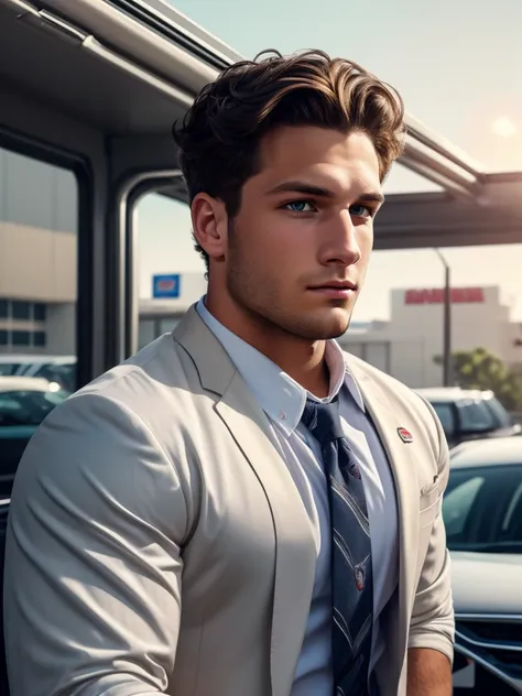 close up photo of nick bosa , parking lot, shirt, pants, suit, work clothes, looking at viewer, cinematic lighting, detailed fac...