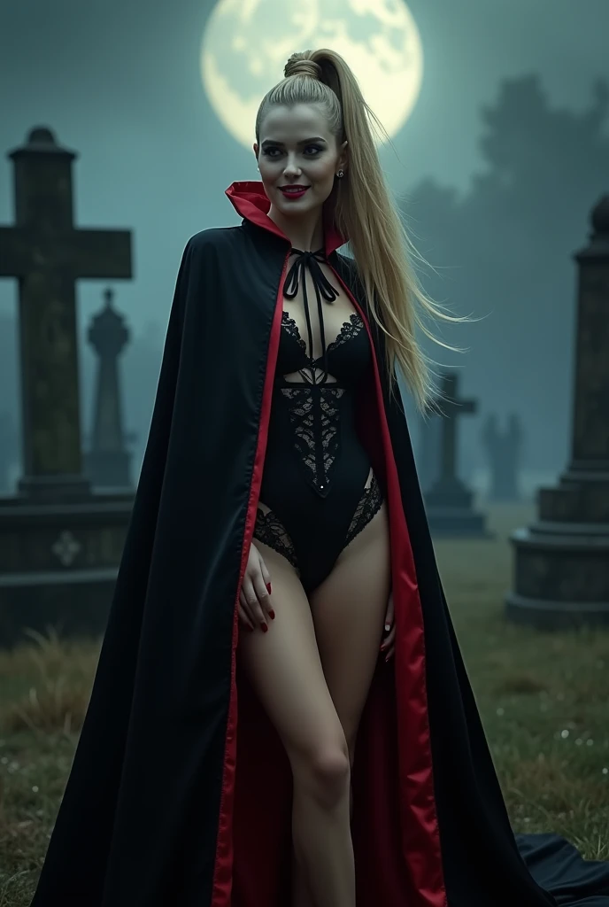 (RAW photo, best quality, masterpiece, ultra-detailed, high res), (realistic),(extremely 
delicate and beautiful:1), mesmerizing vampire woman with long blonde hair in high 
ponytail detailed features, smiling , showing vampire fangs , (((wearing floor 
le...