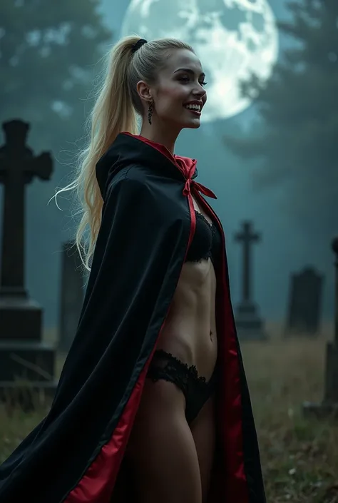 (RAW photo, best quality, masterpiece, ultra-detailed, high res), (realistic),(extremely 
delicate and beautiful:1), mesmerizing vampire woman with long blonde hair in high 
ponytail detailed features, smiling , showing vampire fangs , (((wearing floor 
le...