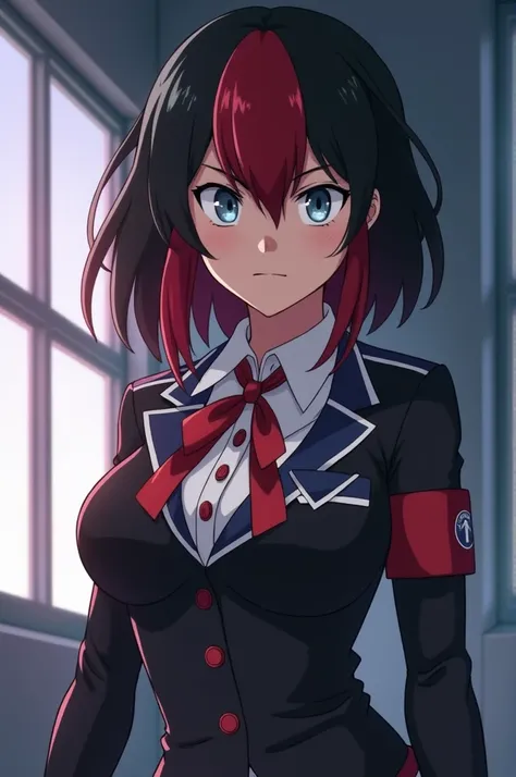 My hero academia screencap of a female with Black-red hair, light gray eyes, cool and beautiful face, wearing a UA school uniform and black armbands.