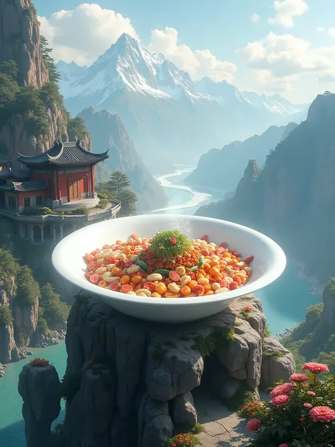 Super large vista, a white porcelain basin filled with hot Chinese delicacies. The basin is a mountain top. The basin is surrounded by ancient Chinese buildings. The background is mountains and mountains. There is a river below and flowers are floating.