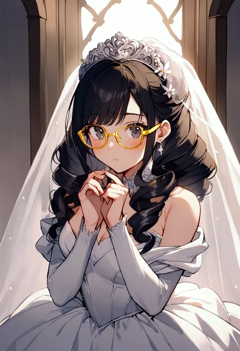 20 years old girl, long curly black hair, black eyes, wearing glasses with yellow frames, wearing a wedding dress