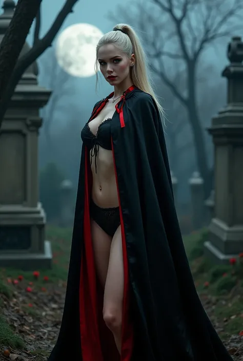 (RAW photo, best quality, masterpiece, ultra-detailed, high res), (realistic),(extremely 
delicate and beautiful:1), mesmerizing vampire woman with long blonde hair in high 
ponytail detailed features, smiling , piercing blue eyes , showing vampire fangs ,...