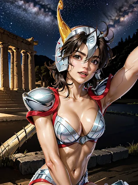 masterpiece, best quality, ultra high res, realistic skin texture,silver armor, armature, (photorealistic:1.4), high resolution, raw photo, 1 girl, shiny skin, (detail skin:1.2), realistic skin texture, best lighting, wearing red panty, (perfect breast:1.3...