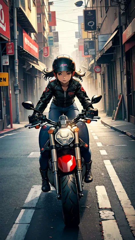 {Straight Front view} of a girl riding ducati monster