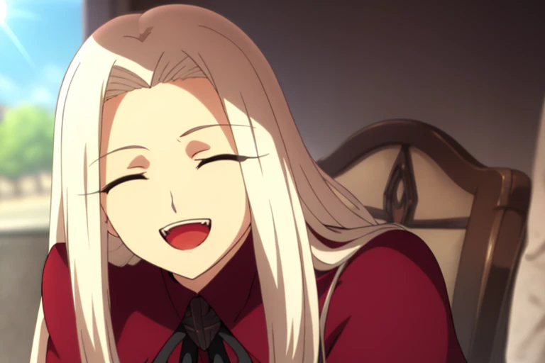 Irisviel Von Einzbern, (large breasts), oversized breasts, long hair, (platinum-blonde hair), (red casual blouse), ribbon, solo, facing the viewer, looking at the viewer, laugh, closed eyes, open mouth, (sunny weather), close-up