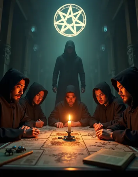 Close-up shot, Low angle shot, a candlelit room where five asian man sitting, their faces serious and determined, wearing  culthu robe with hood, the table covered with maps, books, and a glowing mysterious symbol. in the background representing the Illumi...